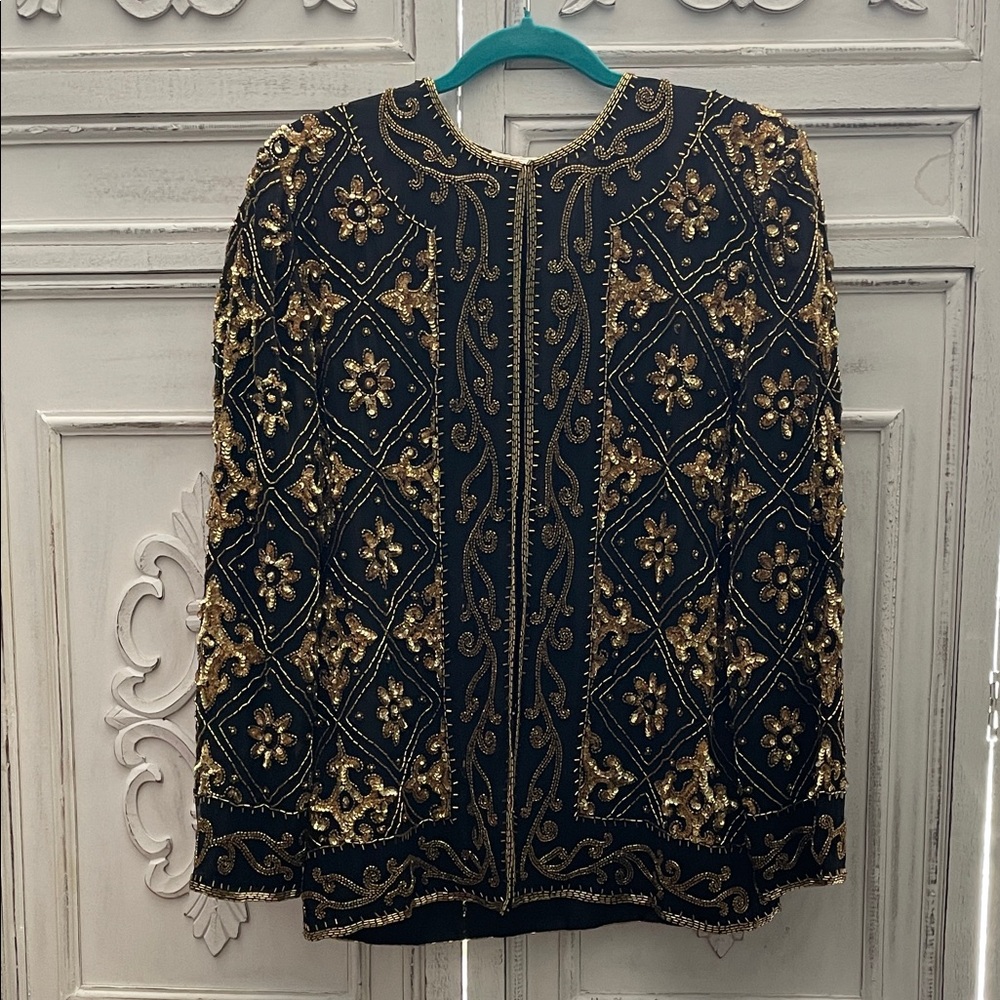 Vintage Scala Black and Gold Beaded Jacket